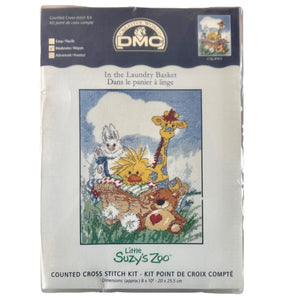 Little Suzy's Zoo Baby Animals In The Laundry Basket Counted Cross Stitch Kit or PDF Chart Pattern Instructions Witzy Ducky, Lulla White Bunny, Boof Bear, Patches Giraffe 8" x 10"