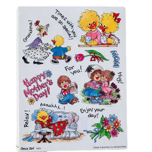 Feuille d'autocollants vintage rares Suzy's Zoo Happy Mother's Day pour plusieurs personnages 4,5" x 6"