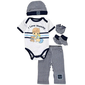 Precious Moments Baby Boy Clothing I Love Mommy 5-Piece Blue Layette Gift Set 0-3 M - Bodysuit Pants Hat Mitts Booties