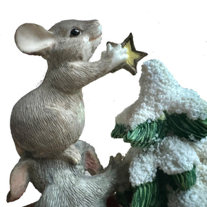 Mouse & Bunny Decorating Christmas Tree with Star Figurine Statue 3.75" Vintage Gray White Green by Silvestri