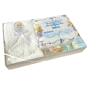 Vintage New Precious Moments White Baby Blanket with Angel 3-Piece Boxed Gift Set - Shawl, Birth Keepsake Pillow, Baby Bottle - 2002 by Luv n'Care