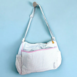 New with Flaw Vintage Rare Winnie The Pooh Blue Gingham Checkered Large Baby Diaper Bag with Adjustable Pockets