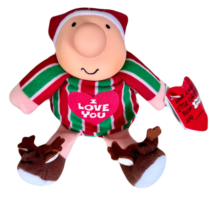 Vintage Ziggy Christmas Elf Reindeer Slippers Plush Rag Doll I LOVE YOU 7" 1988 Collectible Tom Wilson Soft Plush Stuffed Toy Red Green Striped Top & Santa Hat