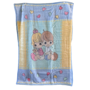 Vintage New Precious Moments Baby Girl & Boy Hearts Crib Blanket Luxury Plush Throw 31" x 47" 2001 Crown Crafts Unisex Pastel Green Blue & Yellow