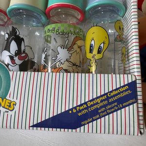 Vintage New Rare Baby Looney Tunes Feeding Bottles 9oz - 6-Pack Tweety Silvester Bugs Bunny 6-18 Months Fast Flow Collectible Nursers 1997