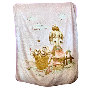 Vintage Rare Precious Moments Baby Crib Toddler Little Girl Dogs Puppies Blanket Cheerful Giver Luxury Plush Raschel Thick Velvet Velour Minky Throw 43" x 50”