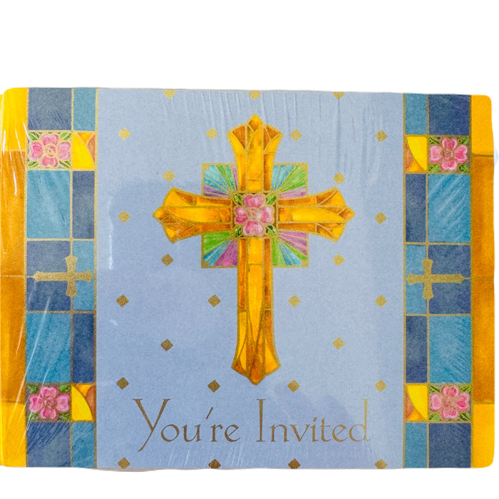 Blue & Gold Cross Baptism Christening First Communion Confirmation Religious Invitation Cards 8 CT