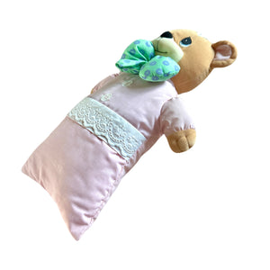 Almohada vintage con forma de oso de peluche rosa de 15" de Precious Moments, nueva, con lazo y bolsillo oculto, coleccionable de 1999