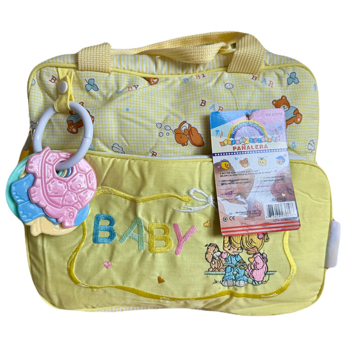 Bolso de pañales vintage, nuevo, raro, estilo Precious Moments, mediano, amarillo, unisex, para bebé, niño y niña, con estampado de oso y anillo de dentición, elegante, para niños, 2000