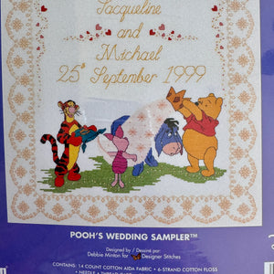 Kit de punto de cruz contado o patrón en PDF con instrucciones, muestrario de bodas de Winnie the Pooh de Disney, campanas y corazones, Piglet, Eeyore, Tigger, recuerdo de 15" x 17" de Janlynn 1133-63 o Designer Stitches H28