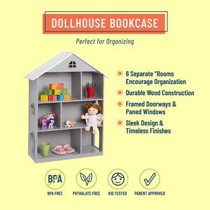 Modern Grey Dollhouse Wooden Wall Decor Bookcase Book Shelf 42" x 33" x 12" Kids Furniture