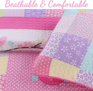 Pink Owls & Birds Tree Branch Little Girl Bedding Twin or Full/Queen Cotton Coverlet Bedspread Pink Polka Dot Quilt Set
