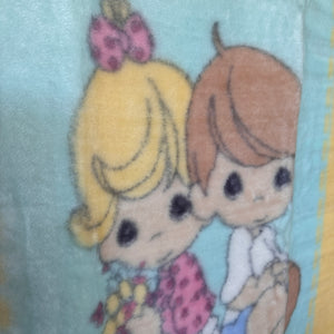 Vintage New Precious Moments Baby Girl & Boy Hearts Crib Blanket Luxury Plush Throw 31" x 47" 2001 Crown Crafts Unisex Pastel Green Blue & Yellow