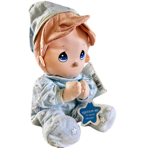 Vintage Talking Precious Moments 9" Baby Boy Plush Soft Rag Doll Says Lord's Bedtime Prayer Pal Praying Toy in Blue Cotton Pajamas Shower Gift