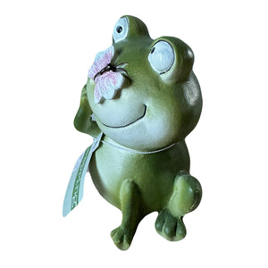 Spring Decor Smiling Happy Green Frog 4" Figurine Resin Statue with small Ladybug, Dragonfly, Butterfly - Spring / Summer Decoration for Tier Tray Home or Garden