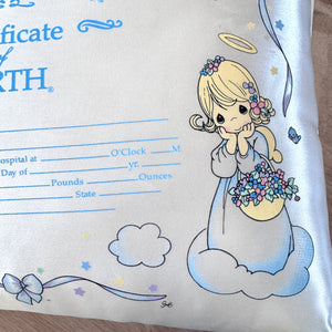 Vintage Satin Precious Moments Angels Luxury Baby Birth Certificate Keepsake Pillow 12" x 9" & Rattle Baby Shower 2pc Gift Set with Rattle Angel Girl & Boy