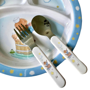 Juego de regalo para la hora de comer para niño y niña Precious Moments: plato, tazón, cuchara, tenedor, regalo para baby shower para niños de 4 piezas en rosa o azul