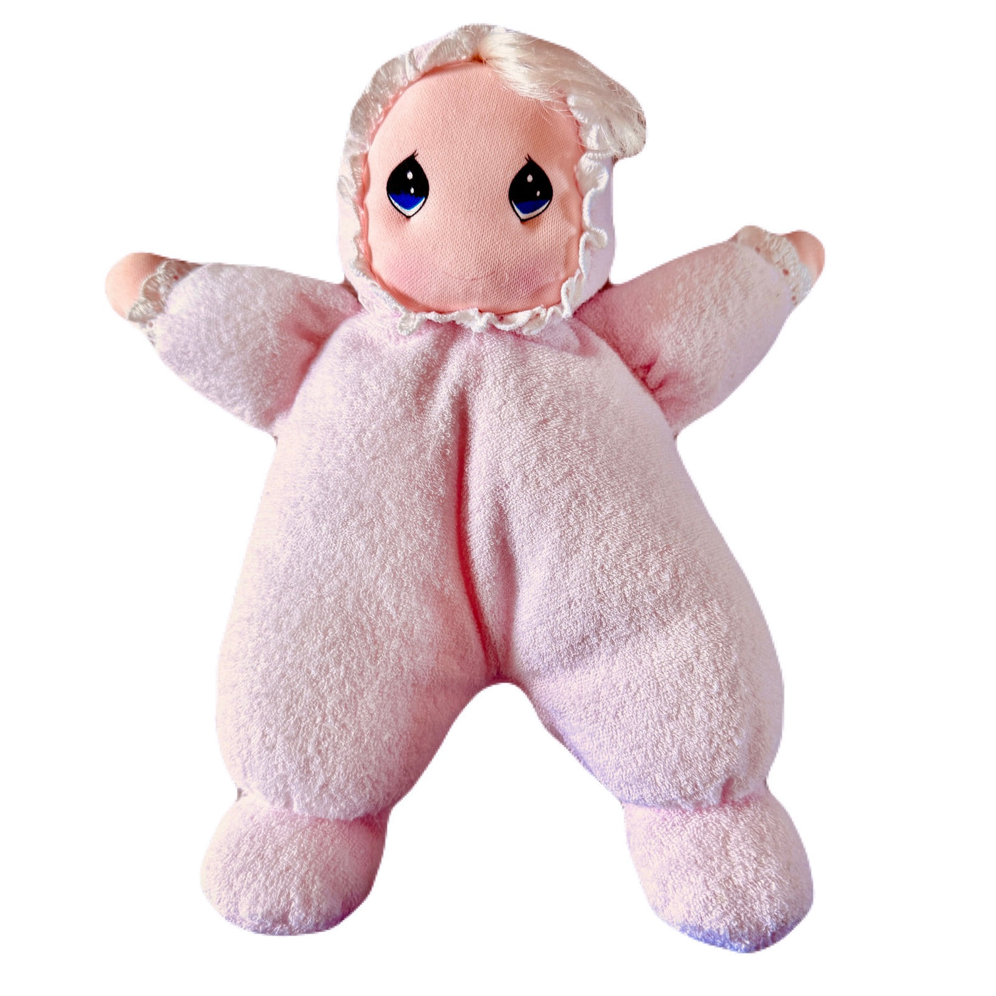 Vintage Precious Moments Terry Cloth Soft Plush Baby Doll 1995 Dakin Avon Lovey Pink Girl Collectible Beanbag Stuffed Toy 10"
