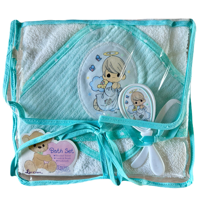 Vintage New 4-PC Precious Moments Green & White Infant Baby Hooded Cotton Bath Towel - Washcloth - Comb & Hair Brush Gift Set With Angel Appliqué 27.5" x 30"