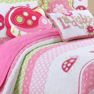 Luxury Cotton Pink Green Ladybug & Polka Dot Girl Bedding Full/Queen Quilt Set Coverlet Bedspread