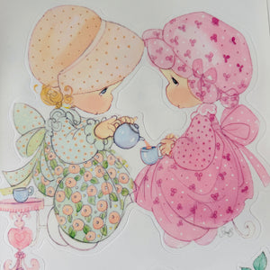 Vintage New Precious Moments Girls Wall Decals Stickers 10" x 18" 4 Sheets Peel & Stick Tea Time Bunny Butterflies & Hearts