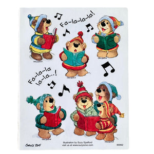 Autocollants vintage rares de Suzy's Zoo Caroling Christmas Bears pour plusieurs personnages, feuille simple, 4,5" x 6"