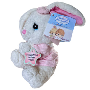 Vintage Rare Talking Precious Moments 9" Baby White & Pink Girl Bunny Rabbit Plush Soft Rag Doll Says Lord's Bedtime Prayer Pal Collectible Stuffed Animal Praying Toy