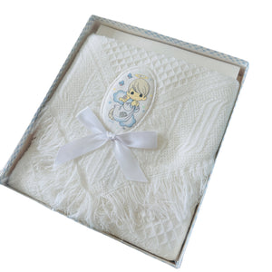 Vintage New Precious Moments White Baby Blanket with Angel Applique Boxed Gift Shawl Afghan Crib Throw Nap-Time Gift Set 2002