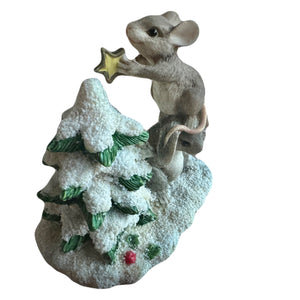 Mouse & Bunny Decorating Christmas Tree with Star Figurine Statue 3.75" Vintage Gray White Green by Silvestri