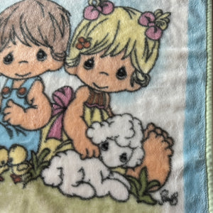 Vintage Rare Precious Moments PRECIOUS PALS Crib Baby Girl Boy Blanket Luxury Plush Minky Throw Children with Lamb & Chicks 31" x 44"
