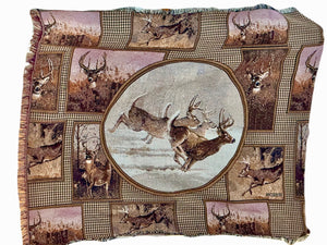 USA Vintage Elk Deer Collage Tapestry Afghan Throw Bedspread Woven Designer Cabin Blanket Once in a Lifetime by Phillip Crowe or Milette Mohawk Home Outdoor Wildlife Hunting Lodge Cabin Earth Tone