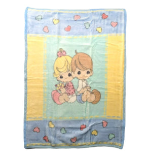 Vintage New Precious Moments Baby Girl & Boy Hearts Crib Blanket Luxury Plush Throw 31" x 47" 2001 Crown Crafts Unisex Pastel Green Blue & Yellow