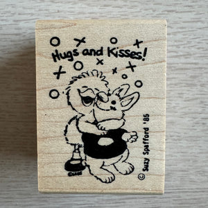 New Vintage Suzy's Zoo Suzy Ducken Hugging Bunny Hugs and Kisses Wooden Rubber Stamp by Rubber Stampede 1985