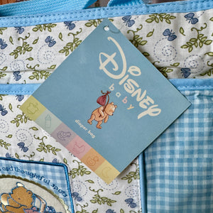 New Vintage Rare Classic Winnie The Pooh & Piglet Large Baby Diaper Bag Blue Gingham Checkered & Floral Butterfly Print