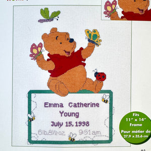 Disney Winnie The Pooh Fluttering Friends Counted Cross Stitch Kit or PDF Pattern Instructions Keepsake Baby Birth Announcement Record Sampler 1132-57