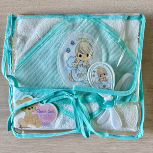 Vintage New 4-PC Precious Moments Green & White Infant Baby Hooded Cotton Bath Towel - Washcloth - Comb & Hair Brush Gift Set With Angel Appliqué 27.5" x 30"