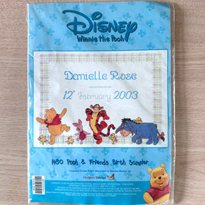 Vintage Rare Disney Winnie The Pooh Friends & Chicks Parade Counted Cross Stitch Kit or PDF Pattern Instructions Keepsake Baby Birth Announcement Record Sampler Designer Stitches H80