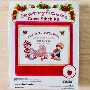 Vintage New Strawberry Shortcake 'Berry Sweet Baby' Counted Cross Stitch Kit 14" x 11" Keepsake Birth Announcement Record Sampler 1981