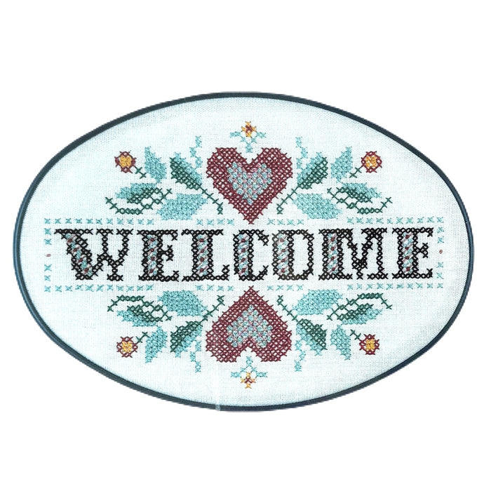 Rare Vintage Welcome Sign Stamped Cross Stitch Kit Flowers Leaves & Hearts Oval Shape with Frame 5.5” x 8" DMC Designs for the Needle by Lois Thompson