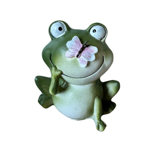 Smiling Happy Green Frog 4" Figurine Resin Statue with small Ladybug, Dragonfly, Butterfly - Spring / Summer Decoration for Tier Tray Home or Garden Decor