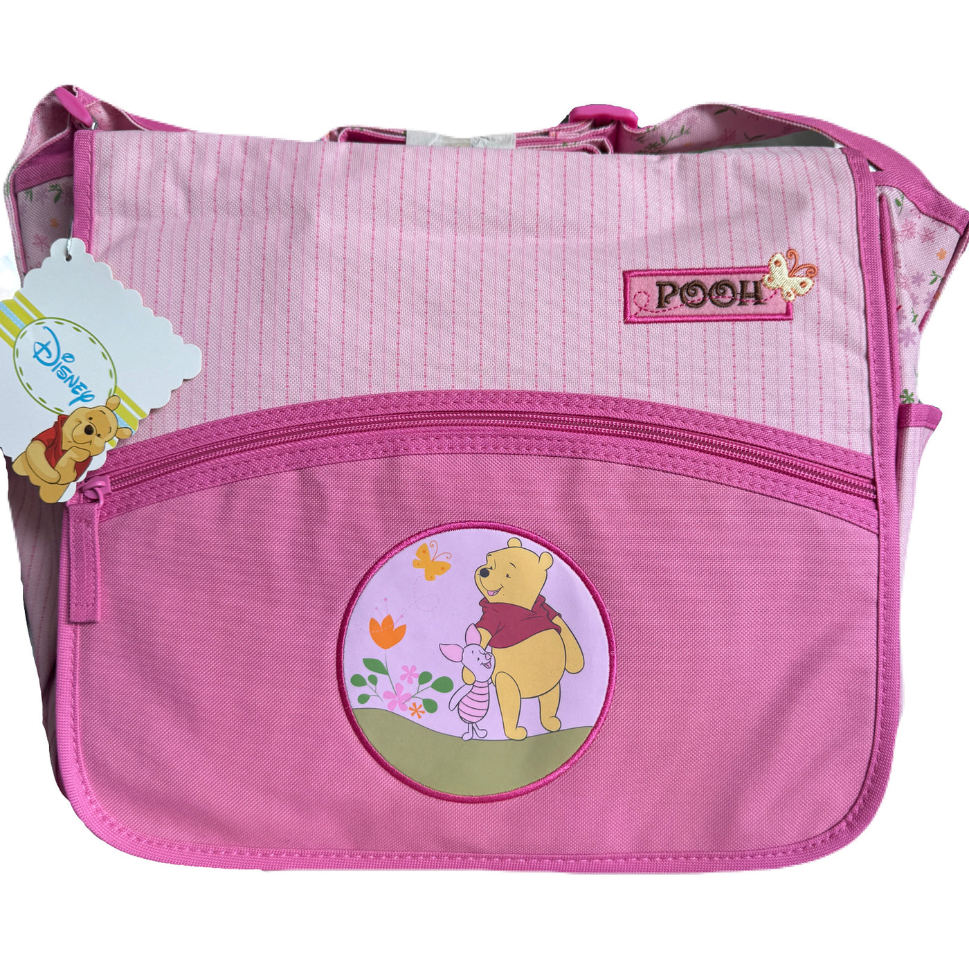 New Vintage Winnie The Pooh & Piglet Pink Baby Girl Large Diaper Bag Striped & Floral Print with Side Pockets 2010