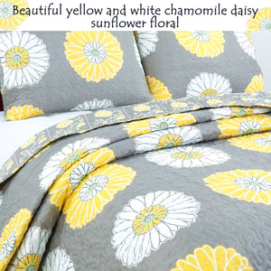 Parure de lit moderne pour filles avec motif marguerite/gerbera gris blanc jaune, ensemble de couette pour lit double, queen size ou king size, couvre-lit floral