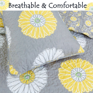 Parure de lit moderne pour filles avec motif marguerite/gerbera gris blanc jaune, ensemble de couette pour lit double, queen size ou king size, couvre-lit floral