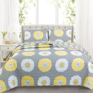 Parure de lit moderne pour filles avec motif marguerite/gerbera gris blanc jaune, ensemble de couette pour lit double, queen size ou king size, couvre-lit floral