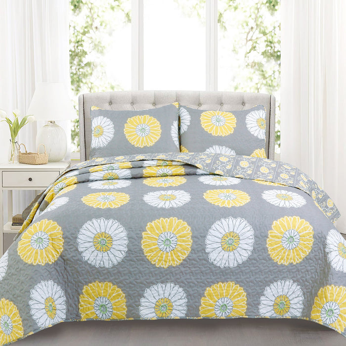 Modern Grey White Yellow Daisy/Gerber Flower Girls Bedding Twin Full/Queen King Quilt Set Floral Bedspread