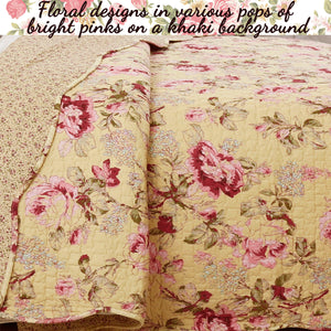 Victorian Yellow & Pink Red Rose Country Cottage Garden Bedding Full/Queen King Quilt Set Cotton Scalloped Elegant Romantic Bedspread