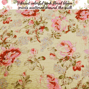 Victorian Yellow & Pink Red Rose Country Cottage Garden Bedding Full/Queen King Quilt Set Cotton Scalloped Elegant Romantic Bedspread