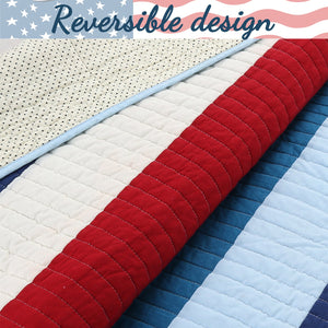 Red White Navy Blue Patriotic Stripes Cotton Bedding Twin Full/Queen Quilt Set Boy or Teen Boy Elegant Coverlet Beadspread