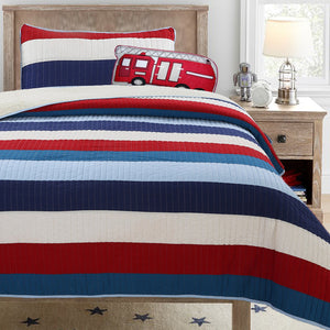 Red White Navy Blue Patriotic Stripes Cotton Bedding Twin Full/Queen Quilt Set Boy or Teen Boy Elegant Coverlet Beadspread