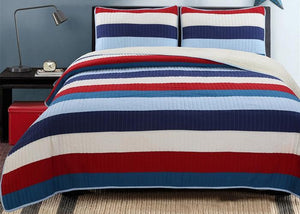 Red White Navy Blue Patriotic Stripes Cotton Bedding Twin Full/Queen Quilt Set Boy or Teen Boy Elegant Coverlet Beadspread